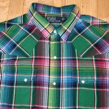 VTG Polo Ralph Lauren Mens Large Western Flannel Diamond Pearl Snap Green Plaid
