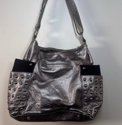 B Makowsky Leather Metallic Chrome y2k Silver Studded Shoulder Bag - leopard In.