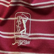 TPC Sawgrass Golf Polo Size Large Burgundy Oxford with Logo on Sleeve