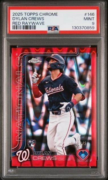2025 TOPPS CHROME RED RAYWAVE #146 DYLAN CREWS RC 1ST TO PRINT 1/5 PSA 9