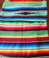 Vtg Mexican Thin Striped Serape Wool Blanket Throw Rug Turquoise Rainbo 76x44 VG