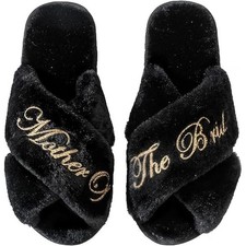 NEW Mother of the Bride Size Large 9-10 Gold Black Fluffy Slippers Bridal Gift