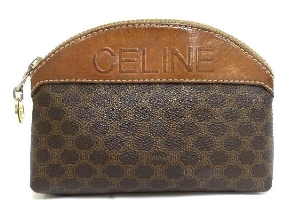 CELINE Old Celine Macadam Cosmetic Pouch Brown PVC Leather Vintage Authentic