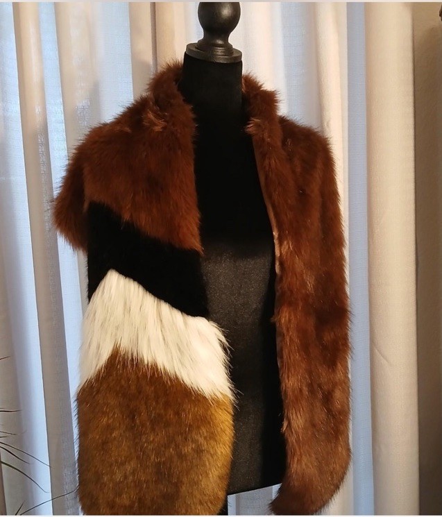 Boho color-block faux fur stole in brown, black, and ivory