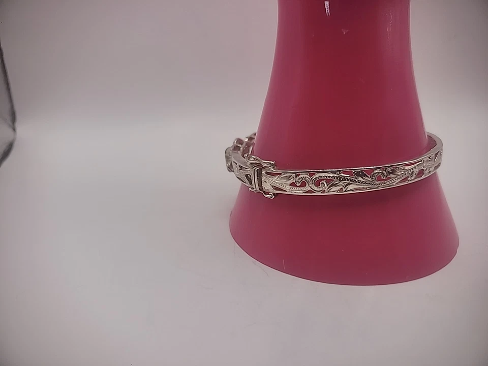 Pulsera vintage de plata de ley 925 flores de plumeria circonita cúbica doble cierre de seguridad Foto 4 de 4