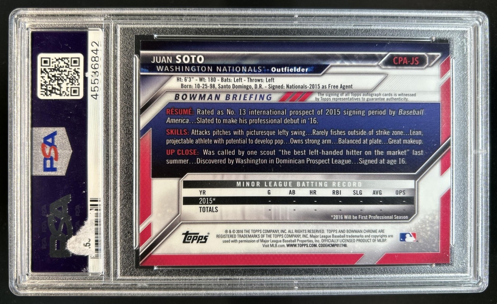 2016 Bowman Chrome Juan Soto Auto 1st Prospect #CPA-JS Nationals PSA 10 GEM MINT view 2