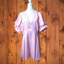 1. State XL Pink Gingham Puff Bubble Sleeve Dress V-Neck Pockets Girly Romantic