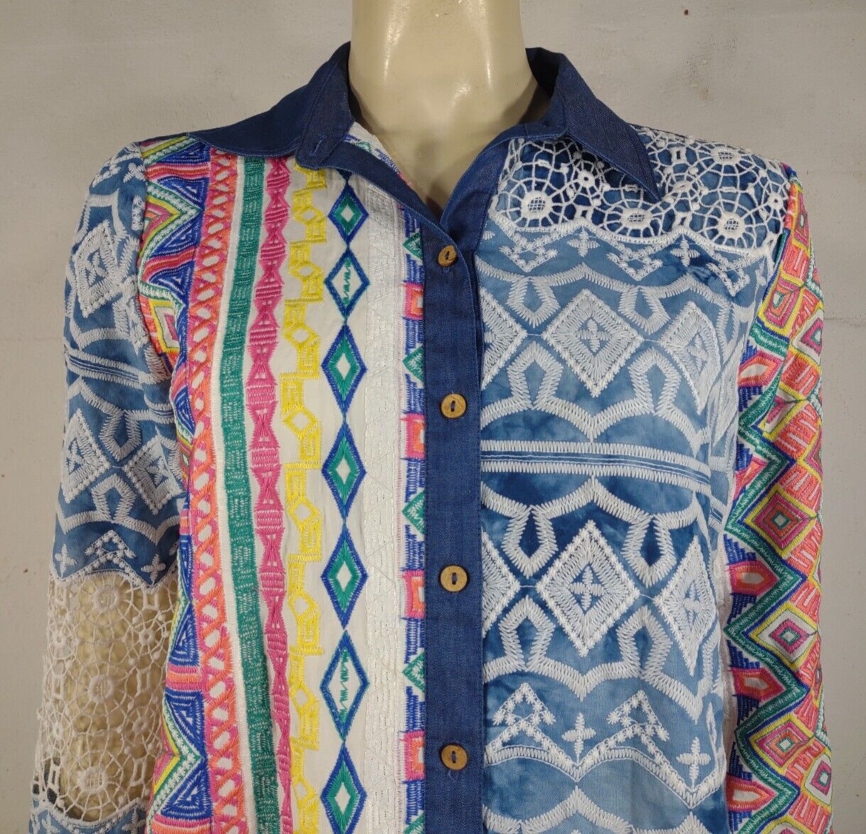 John Mark multicolor embroidered button front shi… - image 2