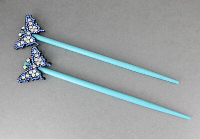Turquoise set of 2 butterfly hair chop sticks wood picks pins print 7 1/8'' long