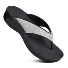 AEROTHOTIC Orthotic Comfort Thong Sparkle-Silver Sandal Flip Flops - Size 6