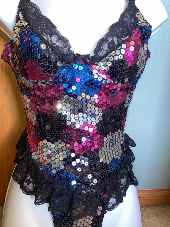 Conjunto de 2 peças de espartilho de lantejoulas Shirley of Hollywood 38 kg vintage RARO sexy preto rosa prata - Imagem 4 de 4