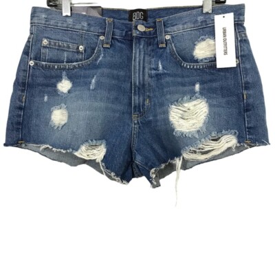 BDG Women Jean Shorts 29 Blue Essential Mid Rise Destroyed Distressed Frayed Hem