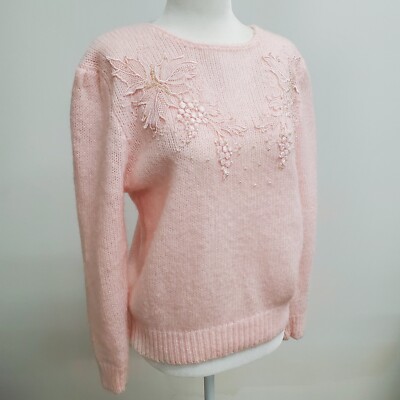 Vintage 80s Pastel Pink Fluffy Sweater Pearl Beaded Cottage