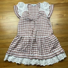 Hunter Bell Virginia Dress Rosette Check Size XS Pink Mauve Eyelet Ruffle