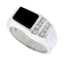 Sterling Silver Trapezoid Black Onyx Ring w/ 3 Light Grooves At one Side  7 CZ