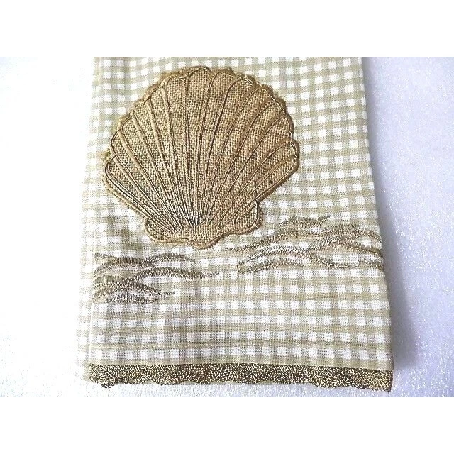 Toalla de cocina concha marina bordada con detalles artísticos oro crema encaje algodón NUEVO Foto 2 de 4
