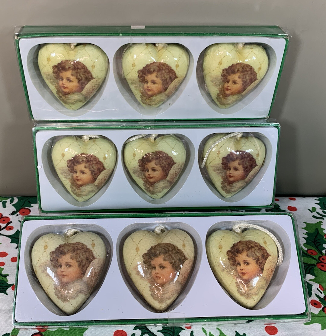 Victorian Angel Heart Ornaments Set of 9 Decoupage Ornaments Current Inc IOB