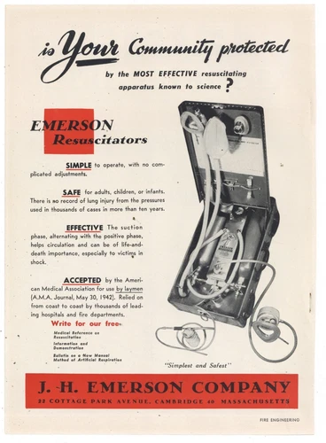 1955 J.H. Emerson Co. Ad: Emerson Resuscitators for Fire Rescue - Cambridge, MA