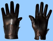 MENS LEATHER GLOVES GENUINE BLACK LAMBSKIN-FRINGE CUFF - CASHMERE LINING -NEW