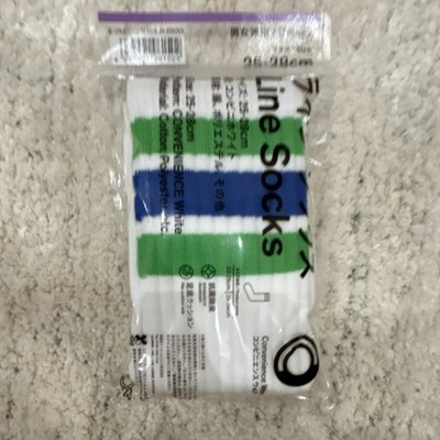 Convenience White Striped Crew Socks White Green Blue 25-28cm Mid Calf Cotton