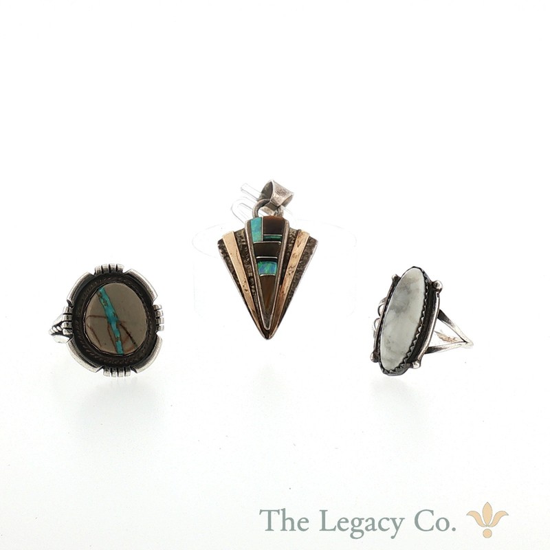 Sterling Silver 14k Accent Southwest Turquoise Inlay Ring Pendant Lot Of 3 UM015