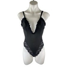 We are HAH Black Lace Trim Ruffled V Neck Sleeveless One Piece Bodysuit Top Sz S