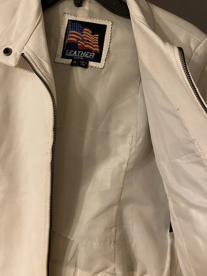 Jaqueta de couro genuína vintage EUA branca tamanho médio - Imagem 4 de 4