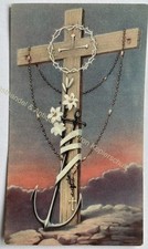 orig. Quadro devozionale immagine sacra antica del 1930 croce ancora rosario