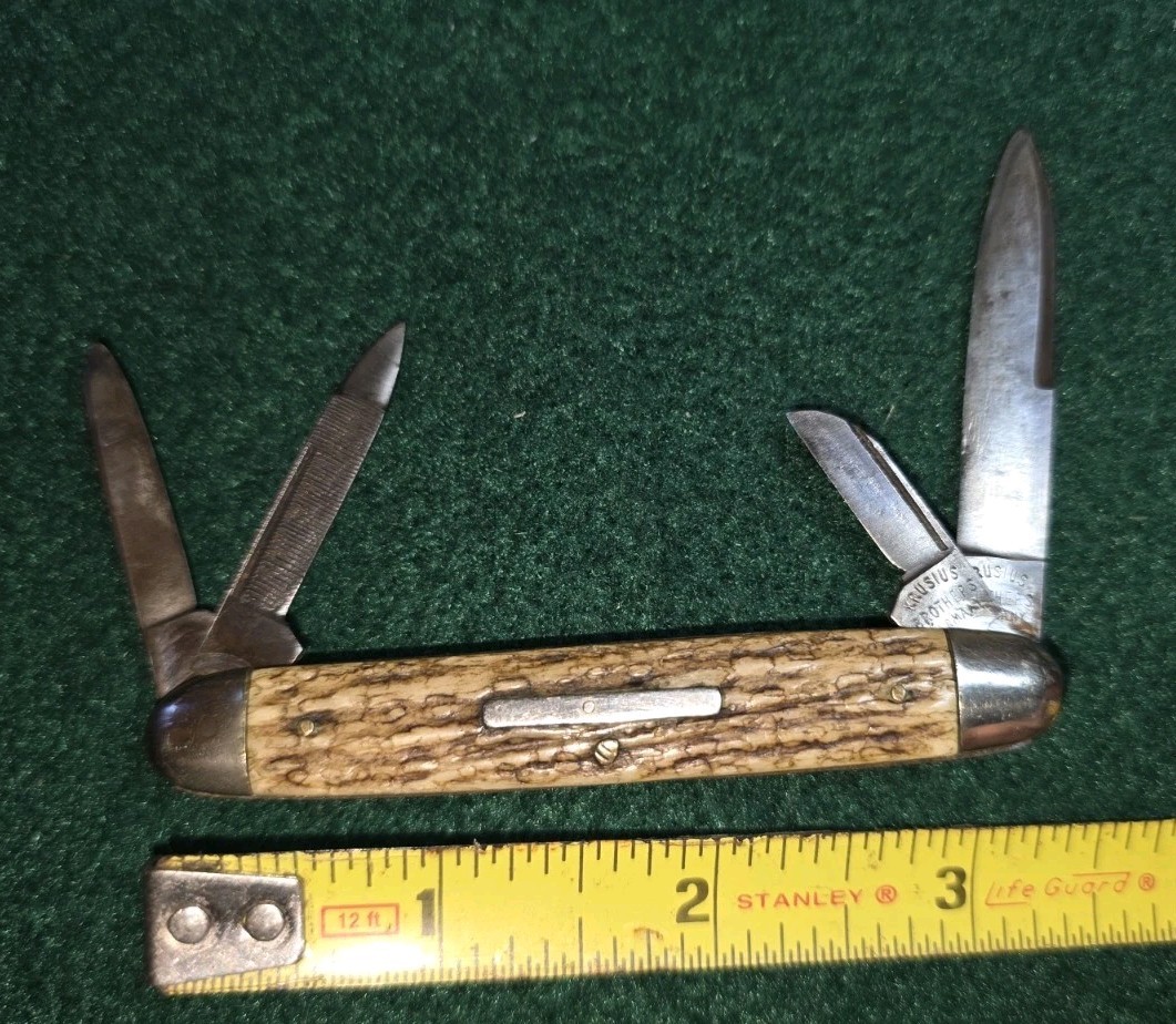 Vintage Krusius Brothers Pocket Knife 4 Blade Germany Jigged Bone Handle