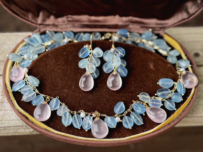 Set Kette Ohrringe Aquamarin Rosenquarz mit Perlen Silber  925