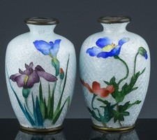 PAIR JAPANESE MEIJI GINBARI CLOISONNE ENAMEL SILVER FOIL FLORAL MINIATURE VASES