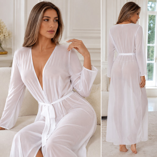 ๐ FLORA NIKROOZ Bridal White Peignoir Robe Chiffon Belted S NWT