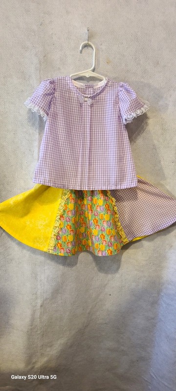 Girls Size 5-6 Tulip Skirt Side Panels Yellow Floral & Purple Checkered Top Lace