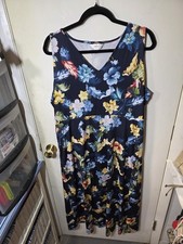 Christopher & Banks 1X Navy Tropical Floral Midi Dress Sleeveless V-Neck Stretch