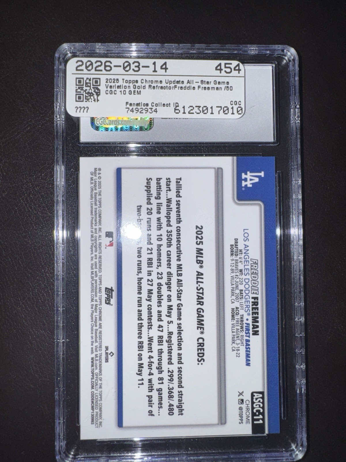 2025 Topps Chrome Gold Refractor Freddie Freeman /50 CGC 10 GEM Numbered view 3