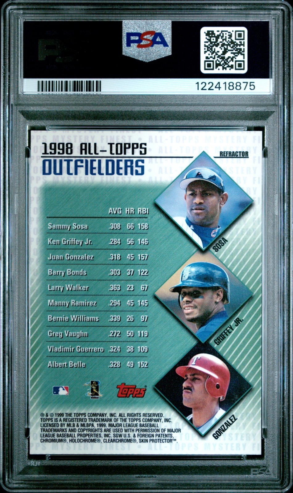 1999 TOPPS ALL-TOPPS MYSTERY FINEST M13 SAMMY SOSA REFRACTOR PSA 10 GEM view 2