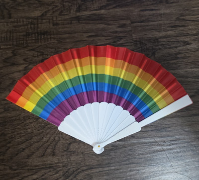 Rainbow Folding Hand Fan Multicolor Plastic with White Handle Party