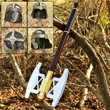 Viking Battle Axe & Helmet Set - Ornate Double Blade Axe with Leather Sheath