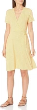 Women's Short Sleeve Faux-Wrap Dress, Yellow Tulips, Large