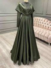 Satin Muslim Evening Dress Long Sleeves High Neck Beading Applique  Party Dress 