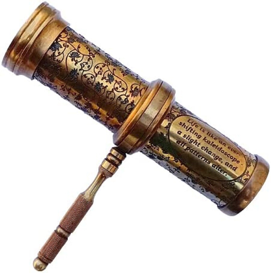 Antique Hand Carved Brass Kaleidoscope W/ Handle Premium Look Twist Kaleidoscope