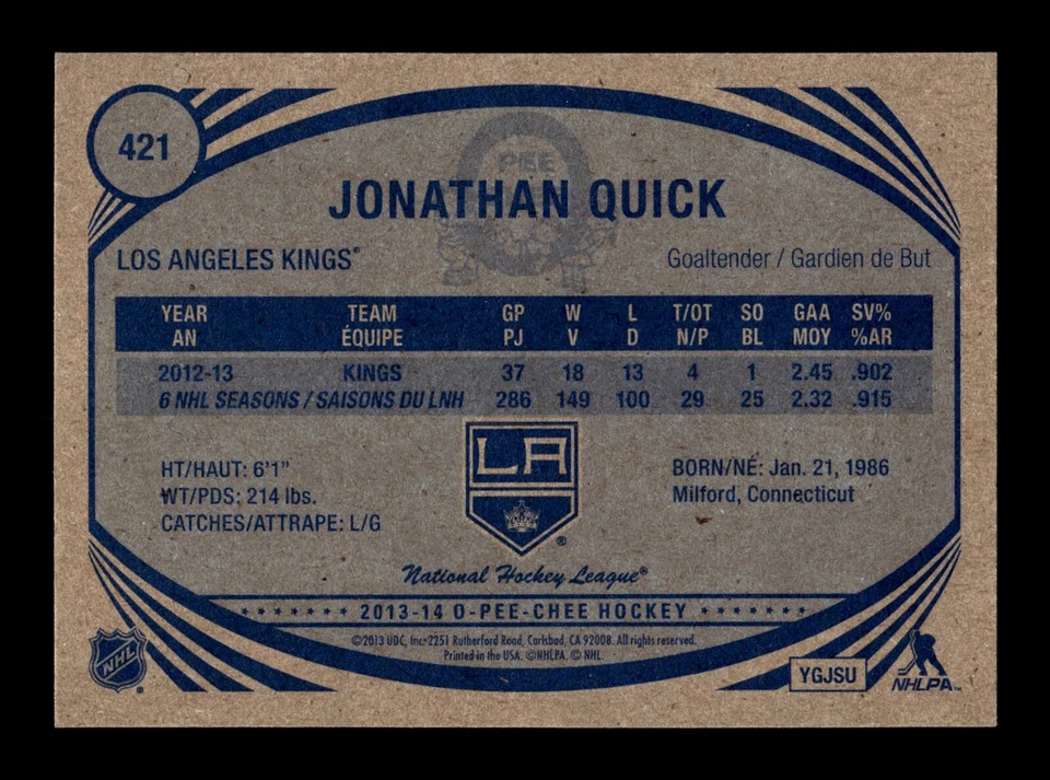 PWE READ stock photo . 2013-14 opc o-pee-chee retro #421 jonathan quick - Image 2 of 2