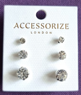 ACCESSORIZE, 3 PAIRS SILVER TONE CRYSTAL EARRING STUDS, 4mm, 6mm 8mm