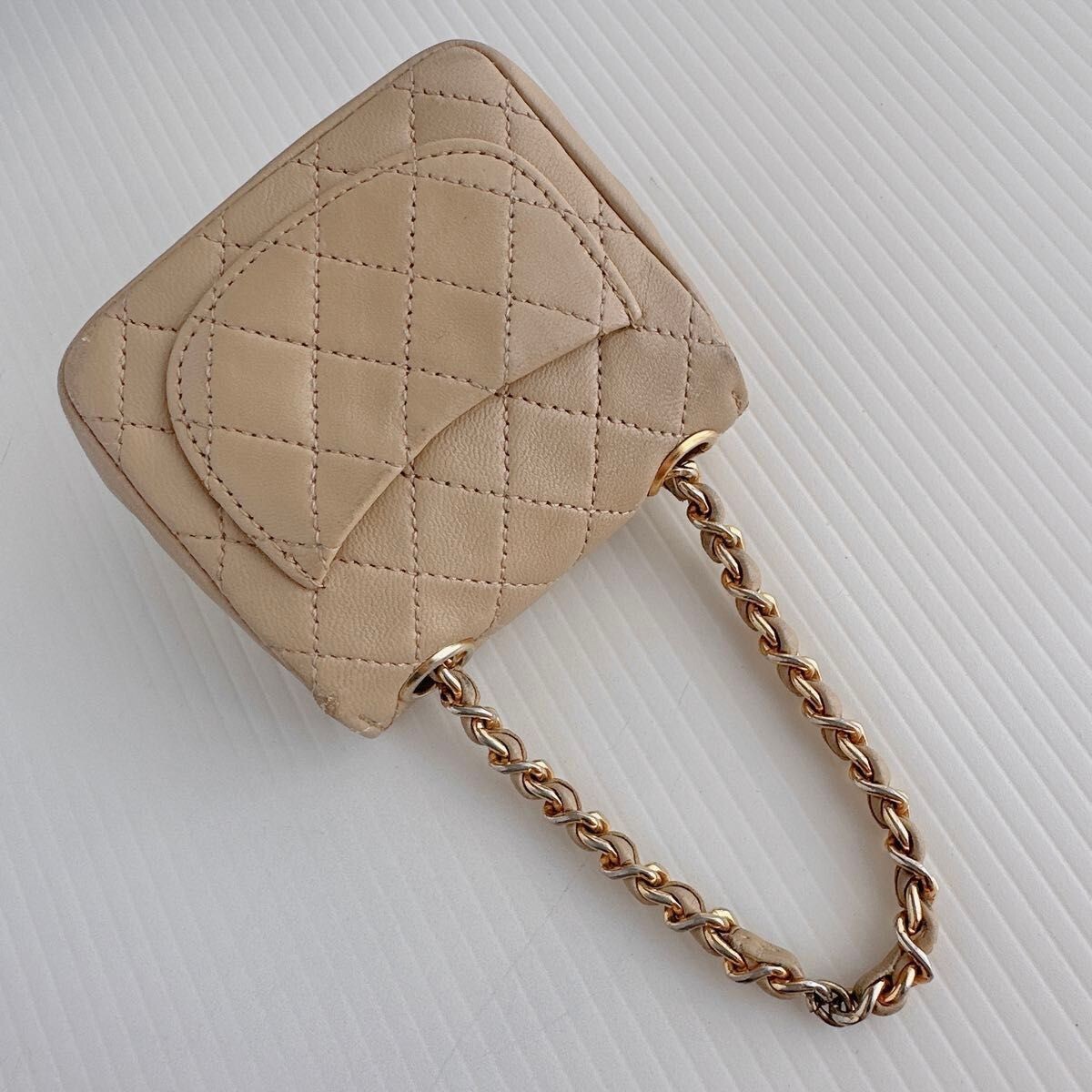 CHANEL Vintage Mini Micro Matelasse Chain Belt Bag Leather Beige Auth image 4