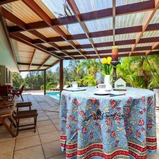 Sweet Us Fleurine Cotton Floral Tablecloth Round Soft Blue, Glowing Red, Pink