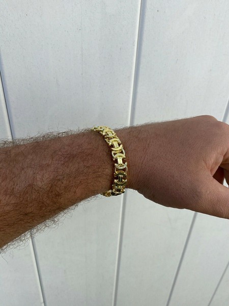 Alternate view of Mens 14k Gold Plated Real Solid 925 Sterling Silver Byzantine Tiger Eye Bracelet