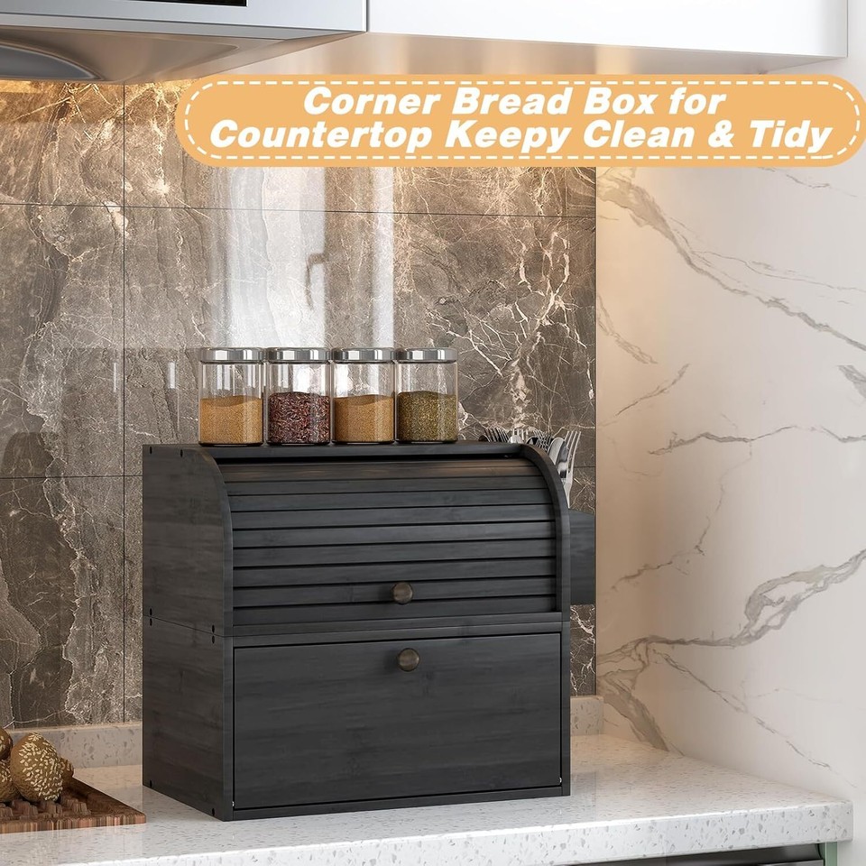 Bamboo Bread Box for Kitchen Counter Dobule Layer Roll Top Bread