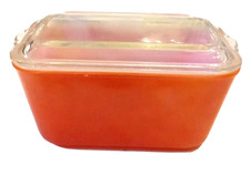 HTF Glasbake McKee Refrigerator Dish Loaf Pan 805 Orange Milk Glass Clear Lid