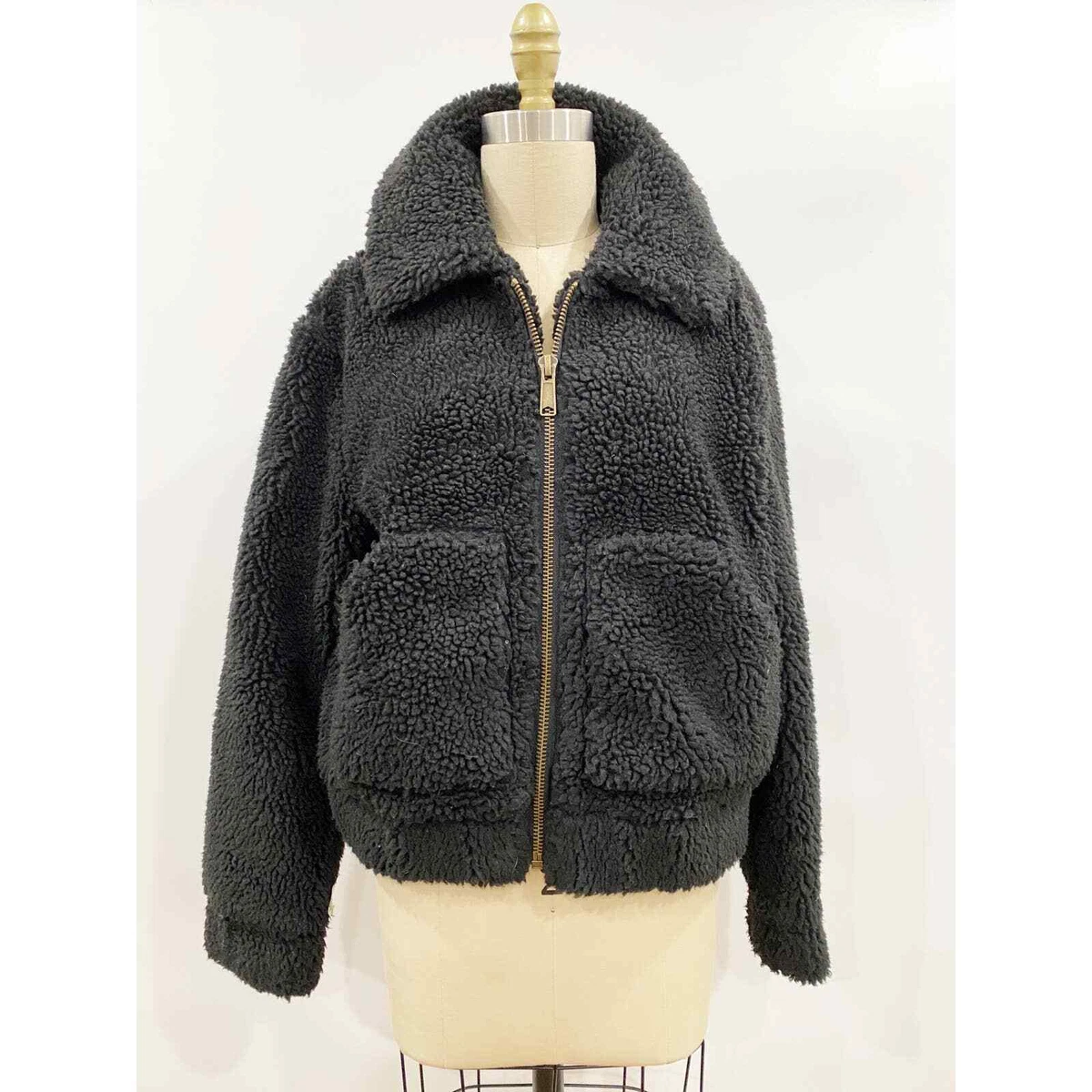 Garage Teddy Jacket XS/S Black Sherpa Fleece Bomber Zip Front Pockets Lined  | eBay