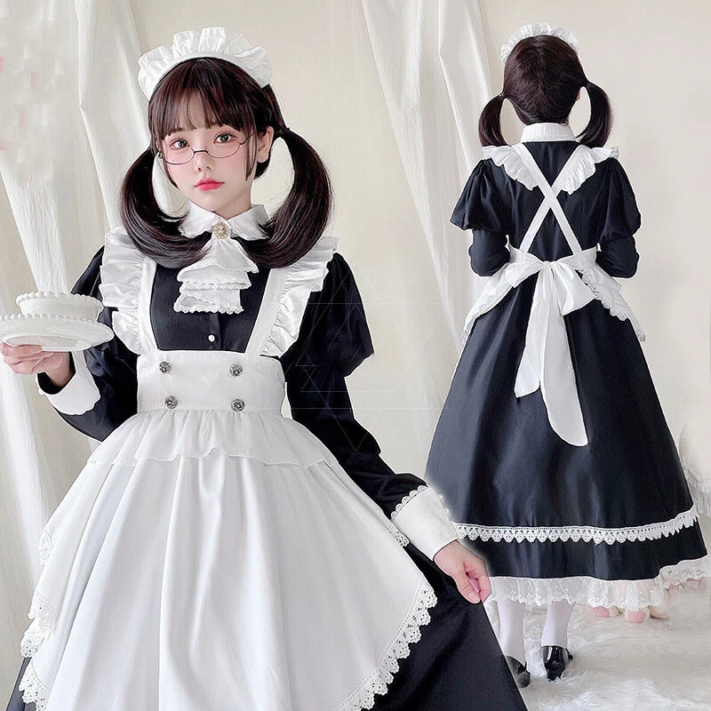 全新 日本动漫 女式 Cosplay 服装 女仆围裙 长咖啡店连衣裙 — 第 2/4 张图片